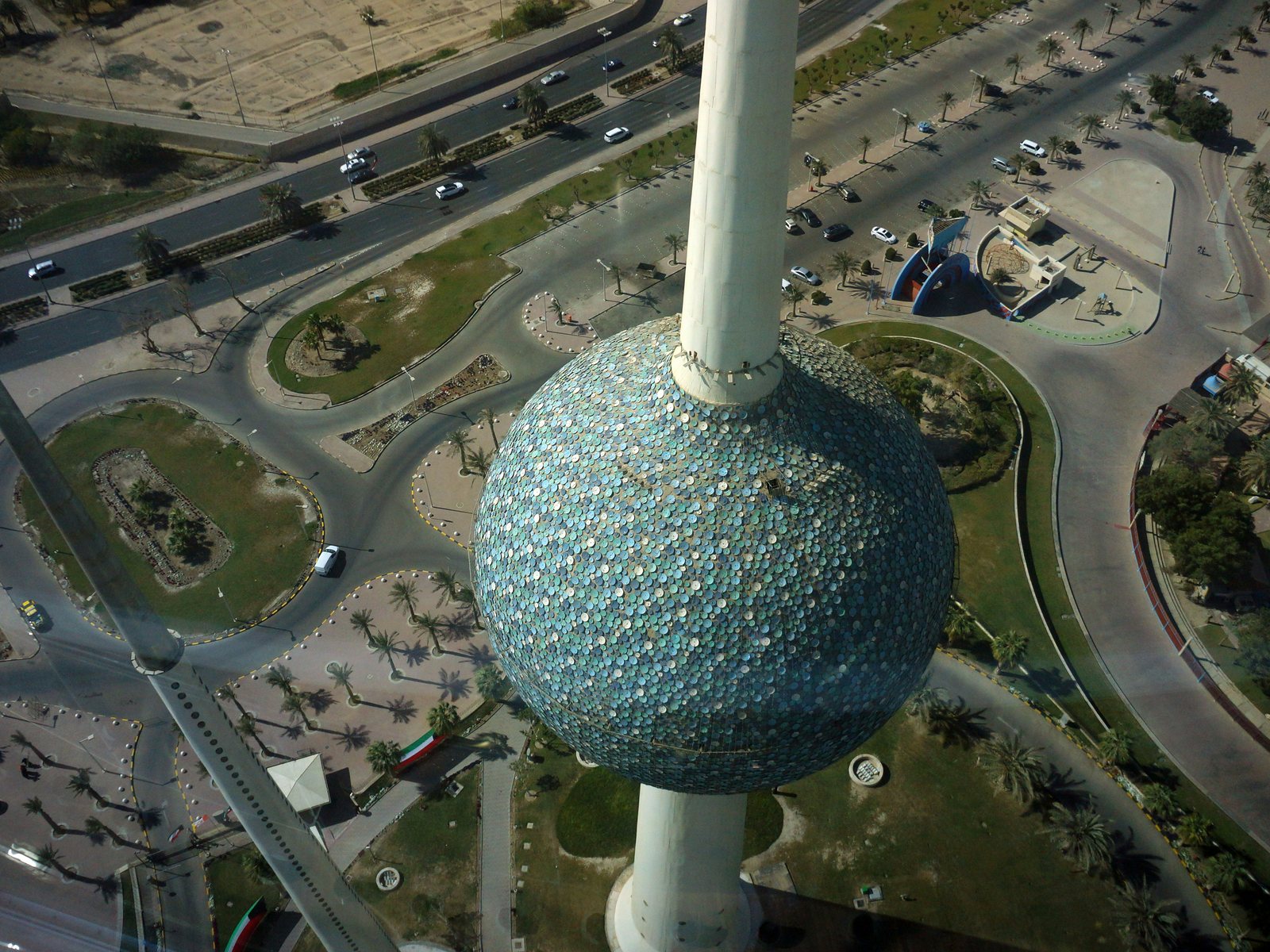 One of the Kuwait Towers seen from above, over Kuwait City's waterfront park